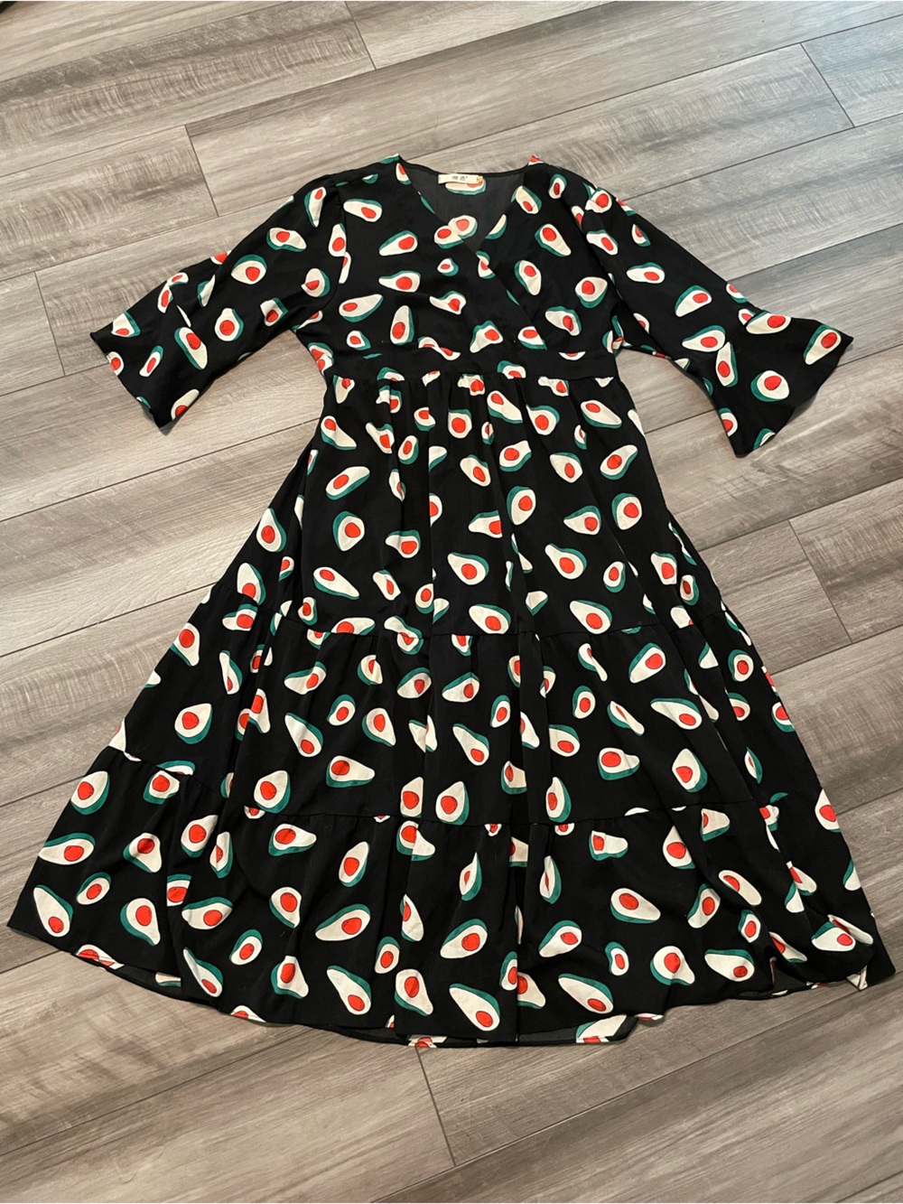 Black Avocado Print Midi Dress - Playful Casual Fit Size Medium